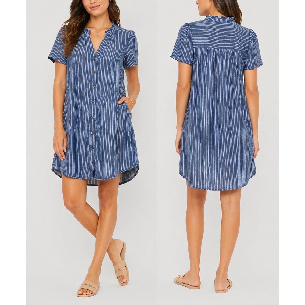 Jane + Delancey Striped Shirt Dress Blue White Lyocell Button Front XS Preppy